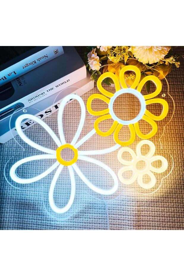 لوحة نيون LED على شكل زهرة ديزي بقاعدة أكريليك 6 مم، ديكور بوهيمي، 33 × 34 سم