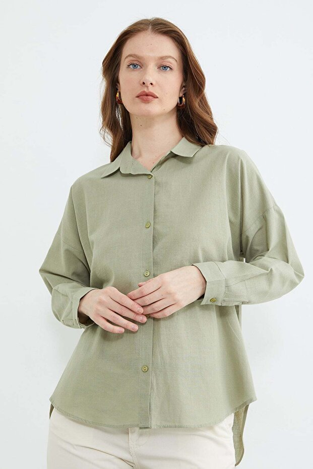 Basic Keten Görünümlü Oversize Gömlek - 4