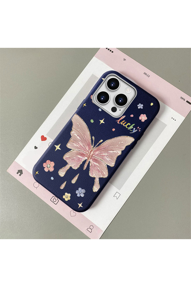 iPhone 14 Pro Max Compatible Beautiful Butterfly Patterned Leather Textured Phone Case