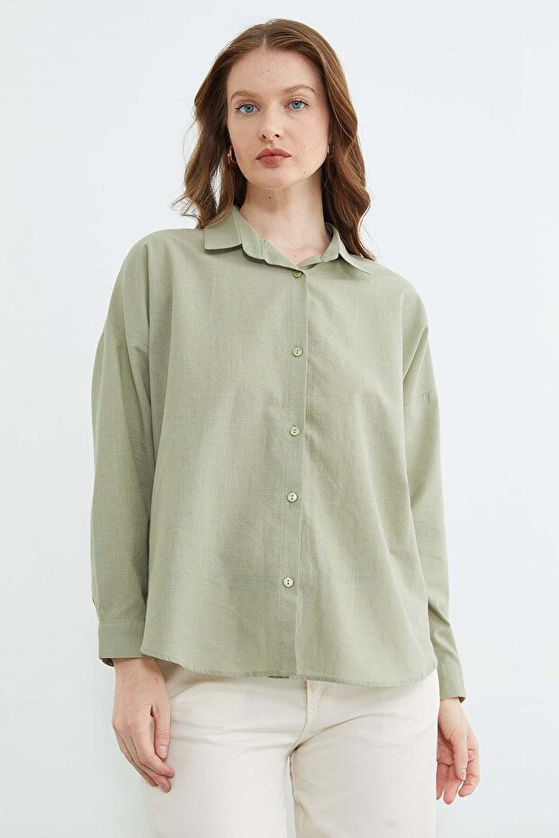 Basic Keten Görünümlü Oversize Gömlek - 2