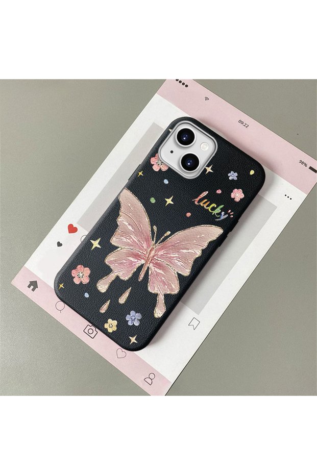 iPhone 14 Plus/15 Plus Compatible Beautiful Butterfly Patterned Leather Textured Phone Case