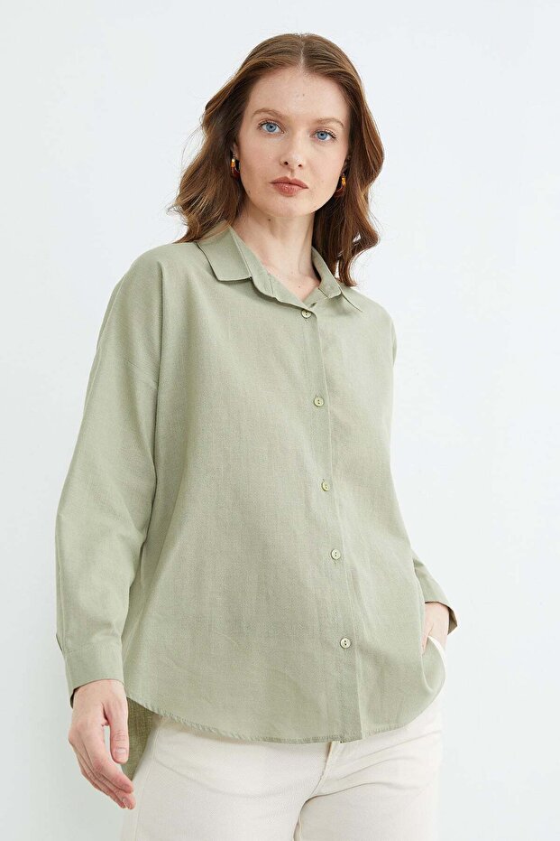 Basic Keten Görünümlü Oversize Gömlek - 6