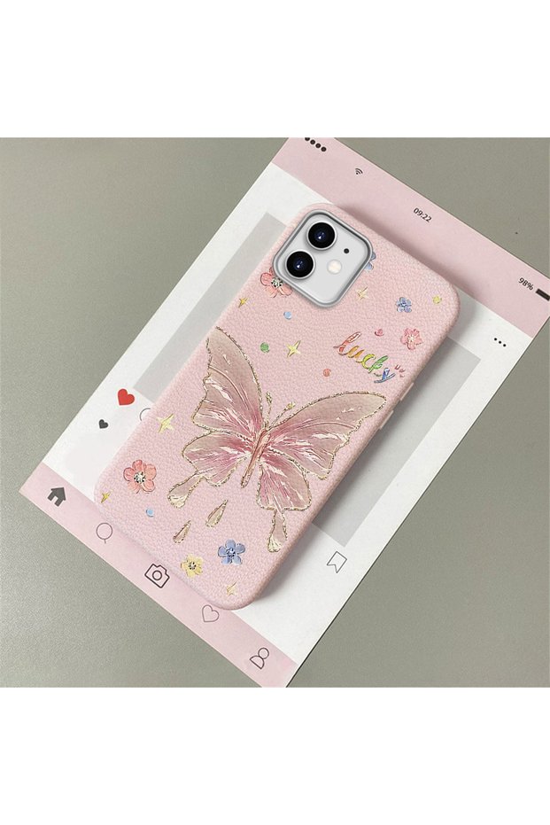 iPhone 11 Compatible Beautiful Butterfly Patterned Leather Textured Phone Case