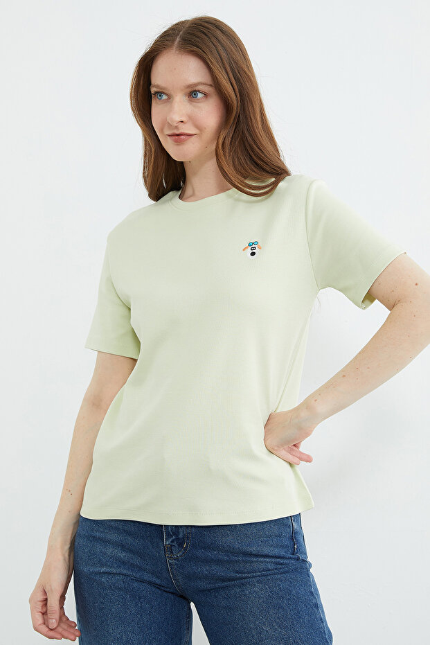 Dog Embroidered Crew Neck T-Shirt