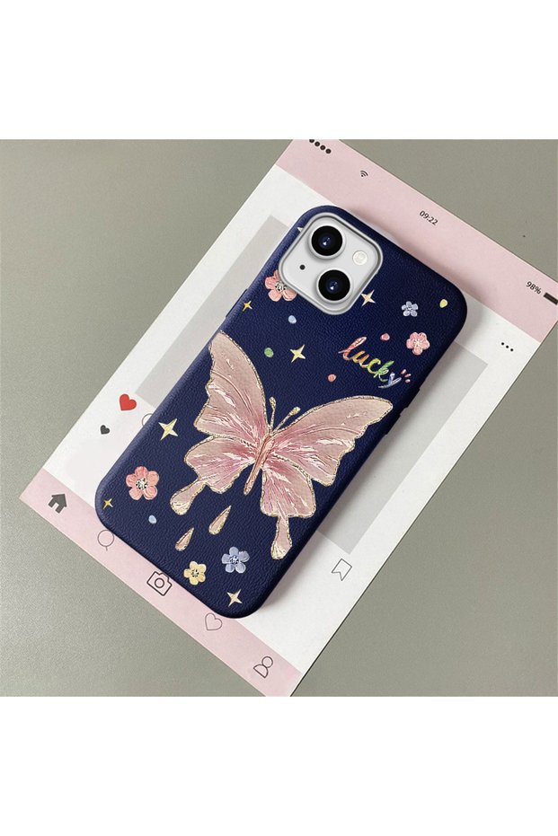 iPhone 15 Compatible Beautiful Butterfly Patterned Leather Textured Phone Case
