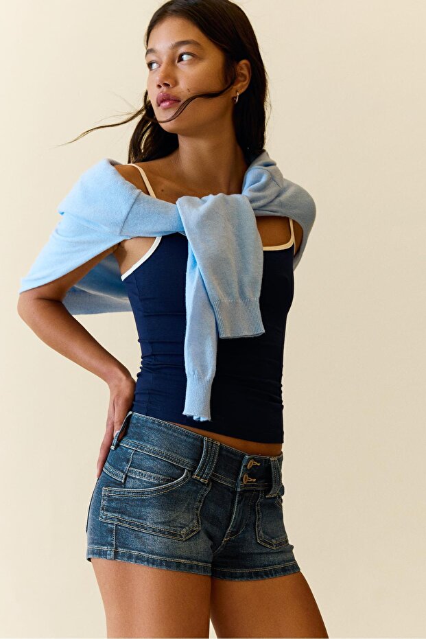 Mini denim şort - 4