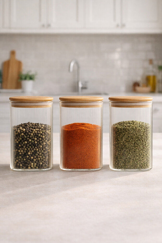 Bamboo Gasketed Borosilicate 1 Liter Square Striped 3-Piece Jar Set Kw-115