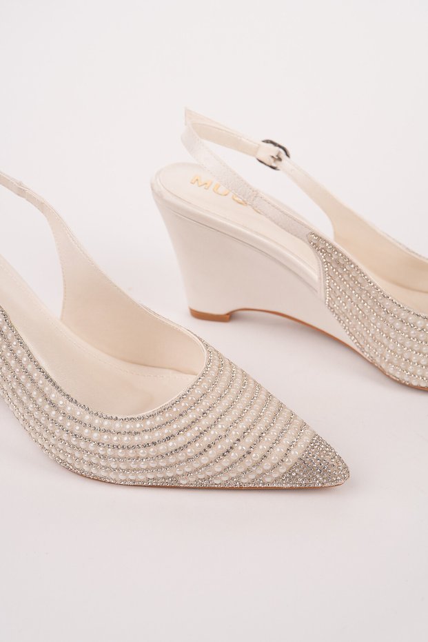 Ti̇era Stone and Pearl Embellished Pointed Toe Open Back Women's Dol Wedge Heel Evening Dress Shoes