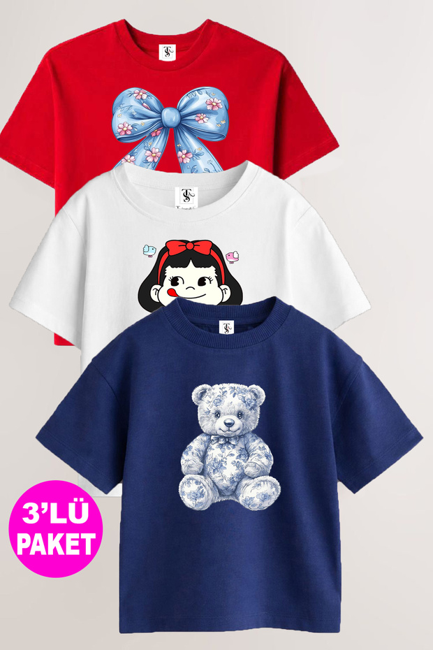 Girl's 3-Piece T-Shirt Set Cotton in Printed Casual T-Shirt Navy Blue-Red-White Summer Comfortable T-Shirt