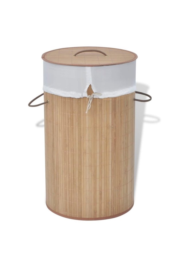 Brown cylindrical Bamboo laundry basket