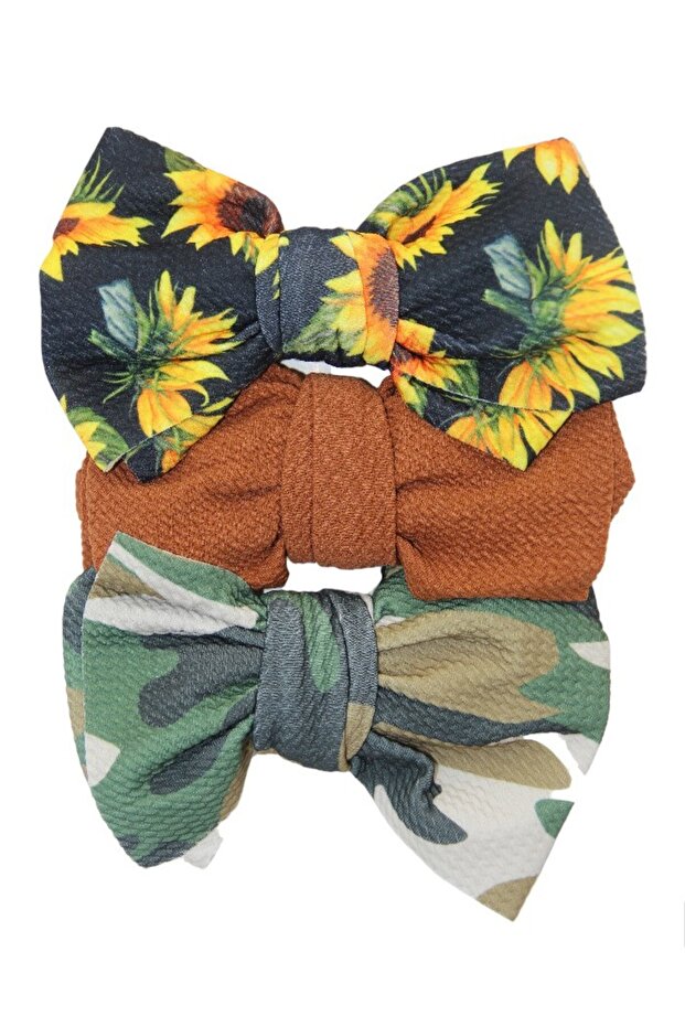 - Mira Assorted Big Ribbon Bow Headband for Babies - Sunflower & Army Print