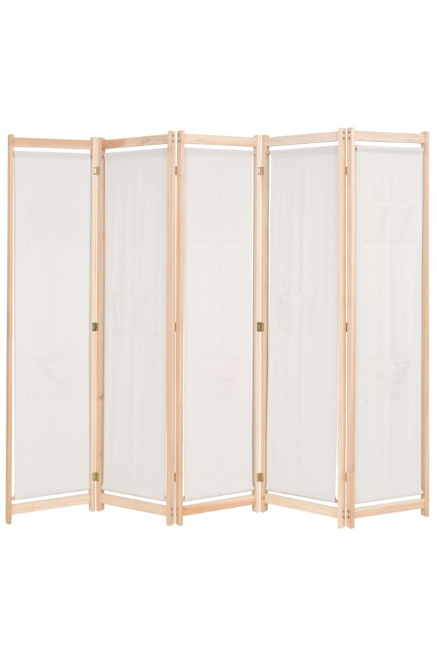 Paravan cameră, 5 panouri, crem, 200x170x4 cm, material textil