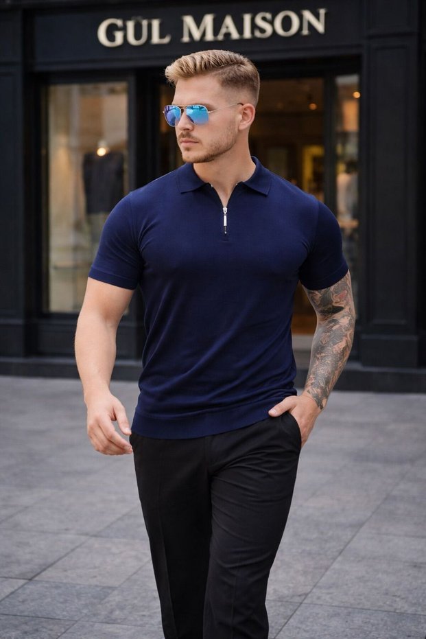 Premium Men's Slim Fit Zippered Polo Collar Knitwear T-Shirt