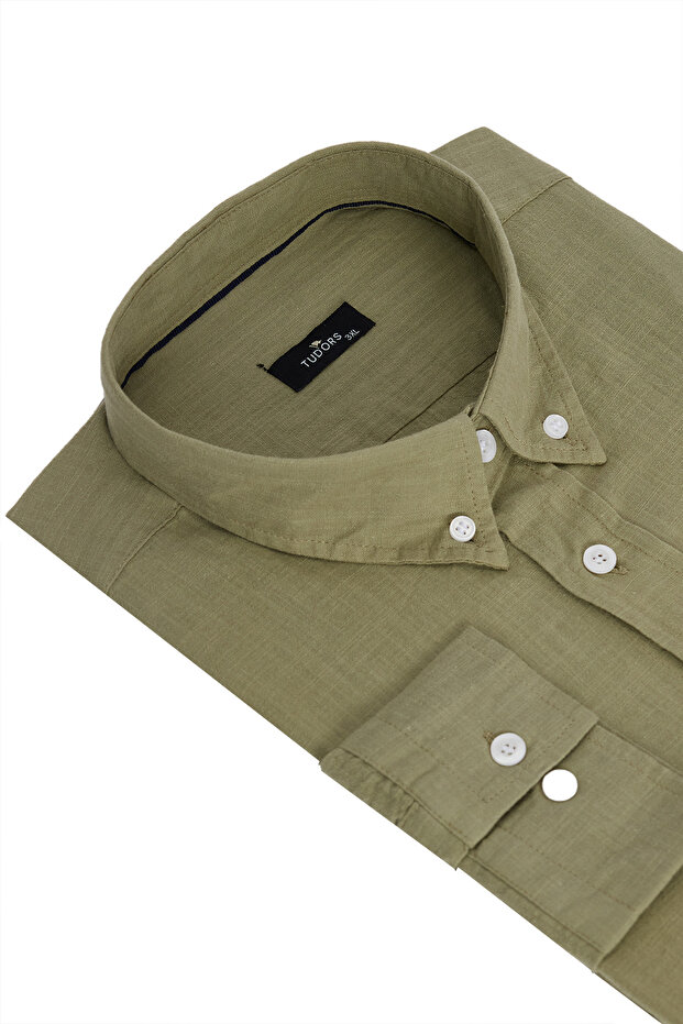 Men's Big Size Large Size Long Sleeve 100% Cotton Linen Texture Single Pocket Khaki Button Collar Shirt