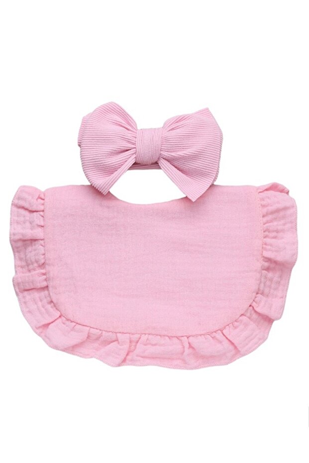 - Ava Small Ribbon Headband & Baby Bib Set - Baby Pink