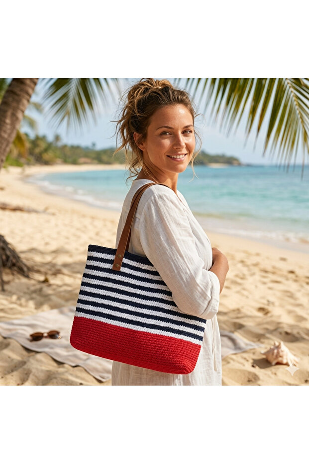 Megahan Boutique Red White Navy Blue Modern Paper Rope Beach Bag Si