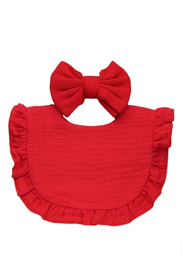 - Ava Small Ribbon Headband & Baby Bib Set - Red