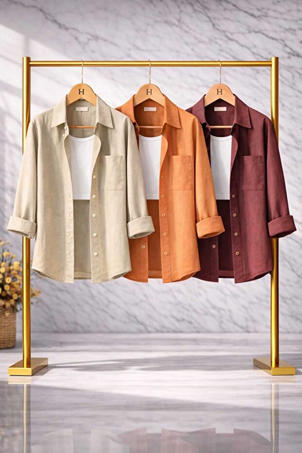 Women's 3-Piece Set Beige Orange Claret Red Cotton Piece Oversized Cotton Piece Linen Single Piece Pocketed Casual Shirt