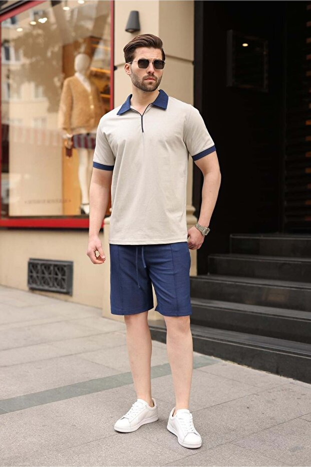 Painted Gray 100% Cotton Piece Polo Collar Shorts T-Shirt Set E7358