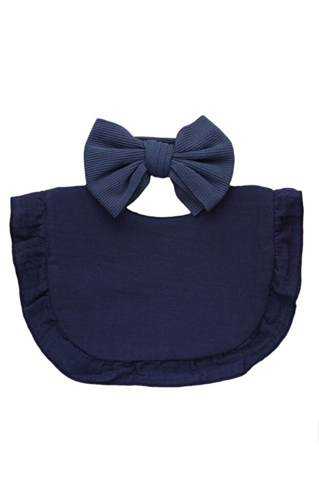 - Ava Small Ribbon Headband & Baby Bib Set - Navy Blue