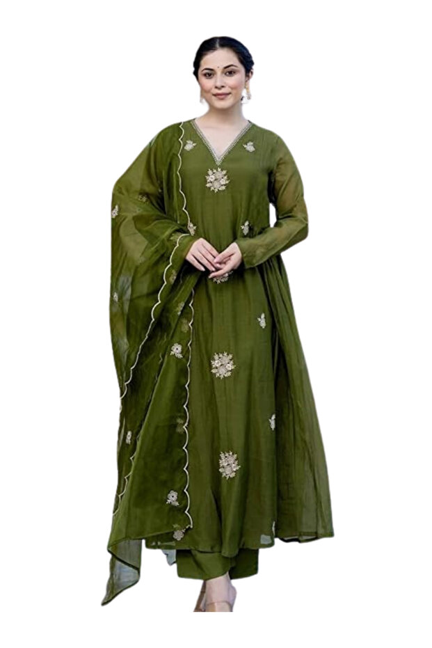 Green Embroidered Anarkali Kurta and Pant with Dupatta - ALV2123 - Green