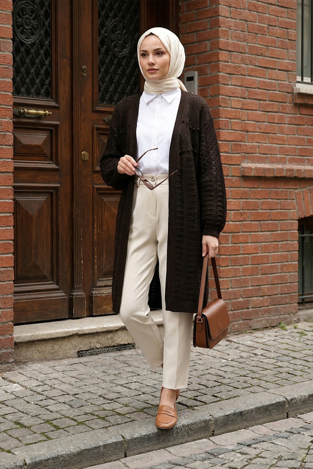 Mixed Pattern Araboy Cardigan - Brown - Coffee