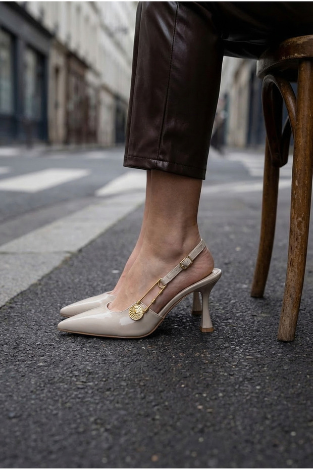 Clair D’Héritage Pointed Toe Summer 8cm Heel Buckle Detail Women's Slingback Heeled Shoes