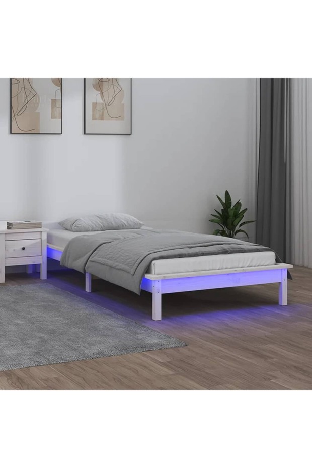 Small Single bed frame 2FT6 with LED, white, 75x190 cm solid wood