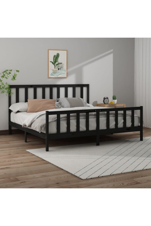 Bed frame, black, 200x200 cm, solid pine wood