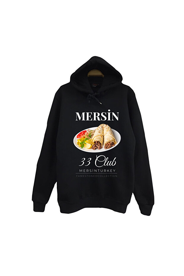 Mersin - 33 - Tantuni - Kızkalesi - Şehir Printed Unisex %100 Cotton Black Hooded Sweatshirt