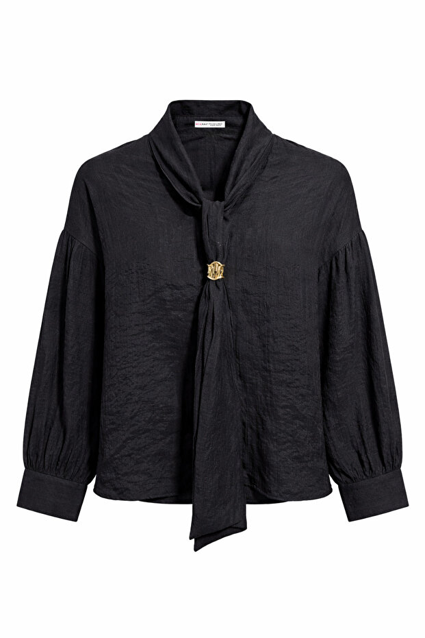4839 Women's V-Neck Drapey Blouse with Scarf Detail Black