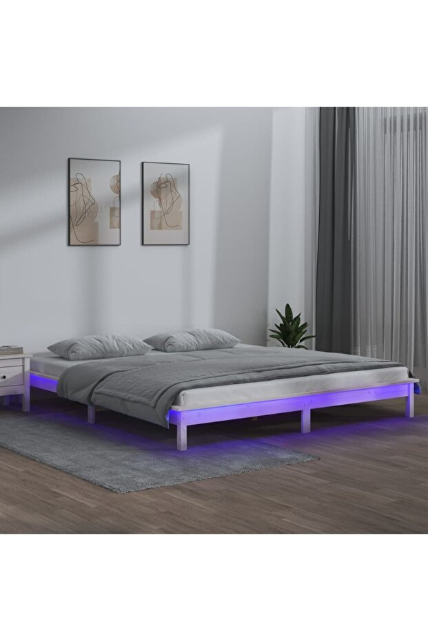 Bed frame with LED, white, 140x190 cm, solid wood - 1