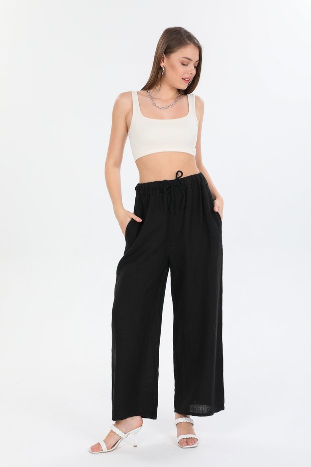 Women's Black Italian B Drawstring Waist B Wide-Leg K Linen Pants Size 40 - 46