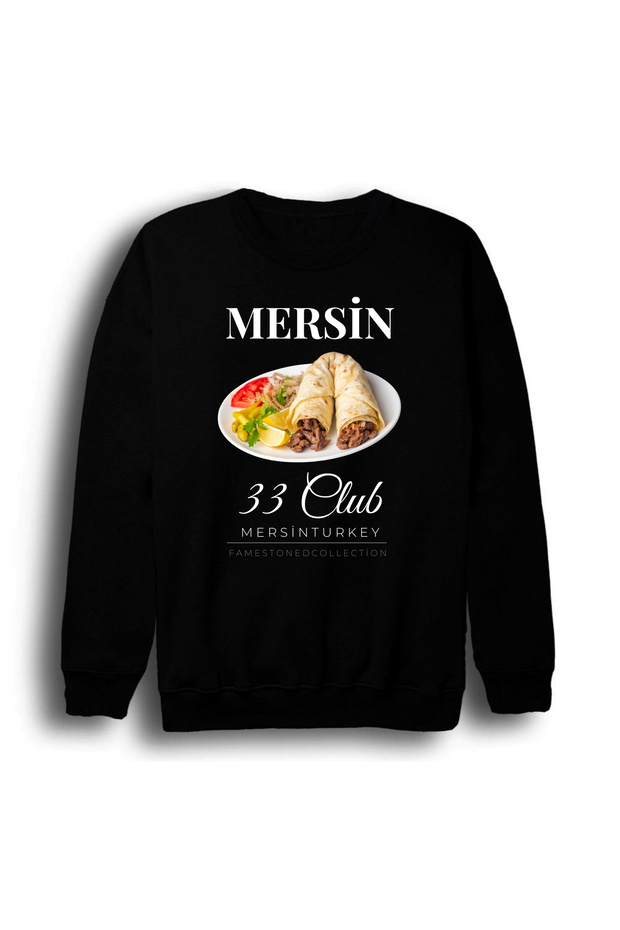 Mersin - 33 - Tantuni - Kızkalesi - Şehir Printed Unisex 100% Cotton Black Crew Neck Sweatshirt