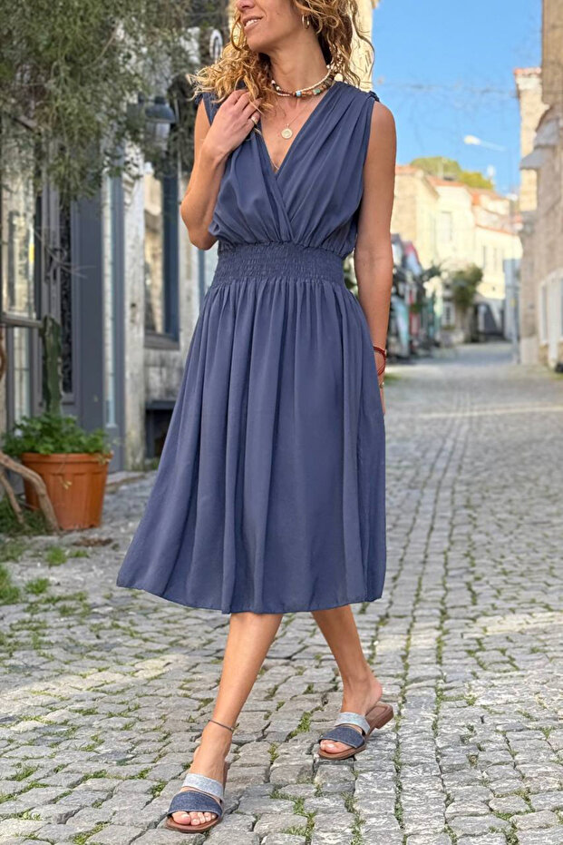 Italian Navy Blue K Double-Breasted Collar Shoulder B Ruched Y Soft-Textured Elastic Waist D Woven Dress 110 35