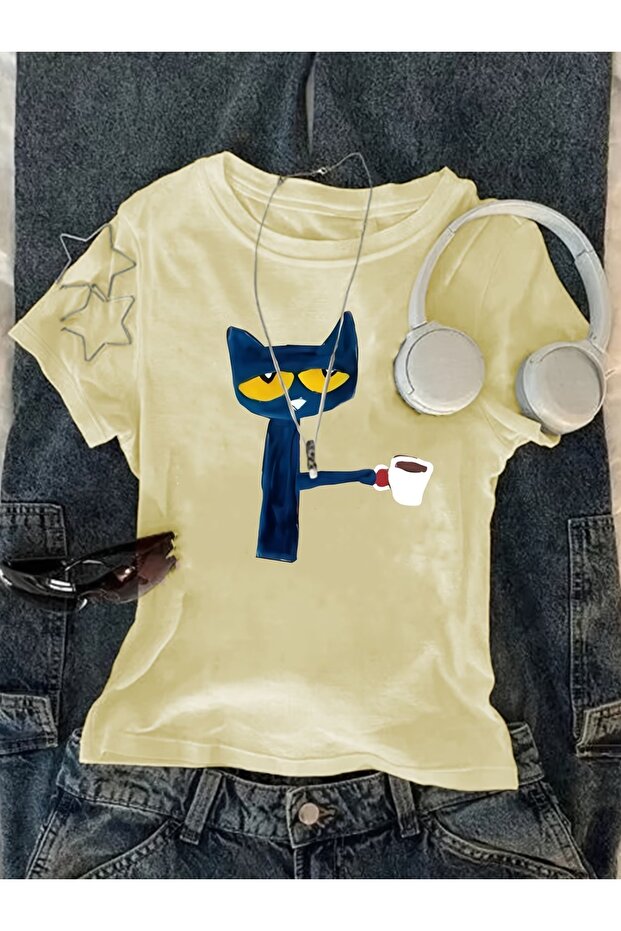 Belt Boy "Monday Mood" Kahveci Kedi Cropped Blouse