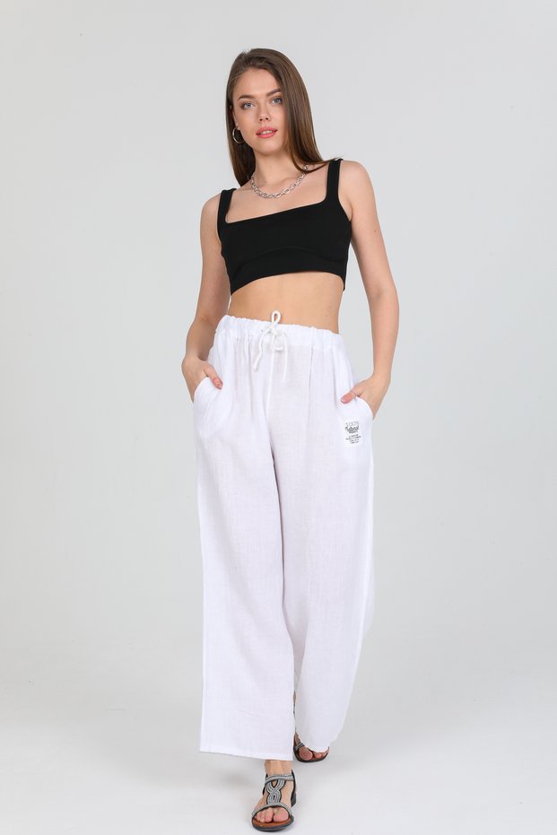 Women's White Italian B Drawstring Waist B Wide-Leg K Linen Trousers Size 40 - 46