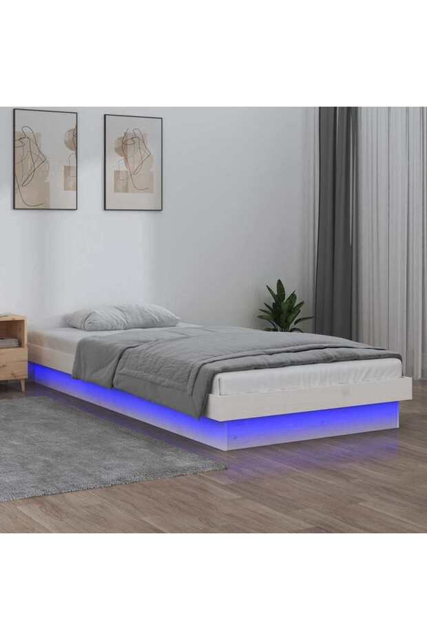Bed frame with LED, small Single 2FT6, white, 75x190 cm solid wood