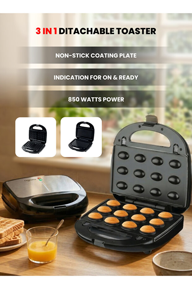 3‑in‑1 Detachable Toaster 850W | Grill, Waffle & Nut Maker | Interchangeable Non‑Stick Plates