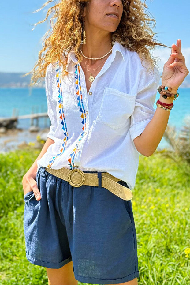 White Ethnic Embroidered Cotton Piece Casual Woven Shirt 65 45