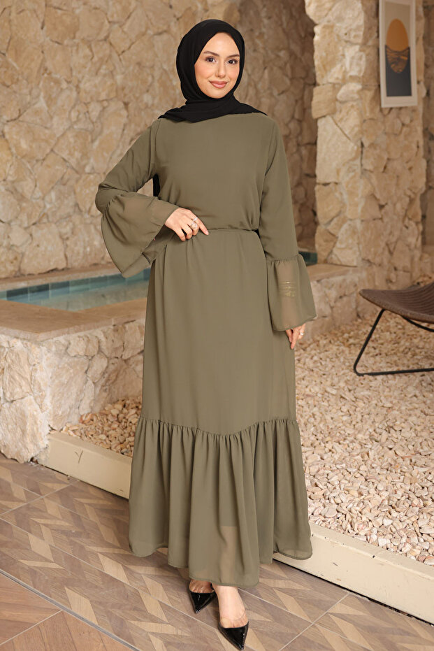 Khaki Bel Tie-Detail Layered Chiffon Dress