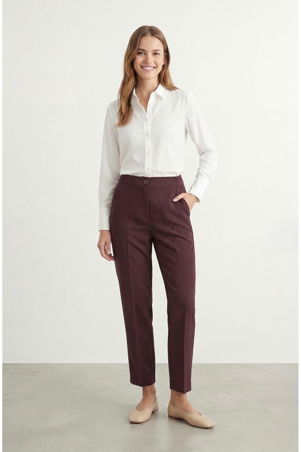 Classic Cut High Waist Fabric Trousers-Burgundy