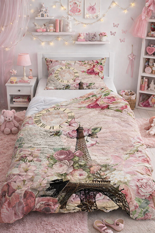 Paris Flower Single Pique Bedspread Set Children's Room Piqué Bedspread