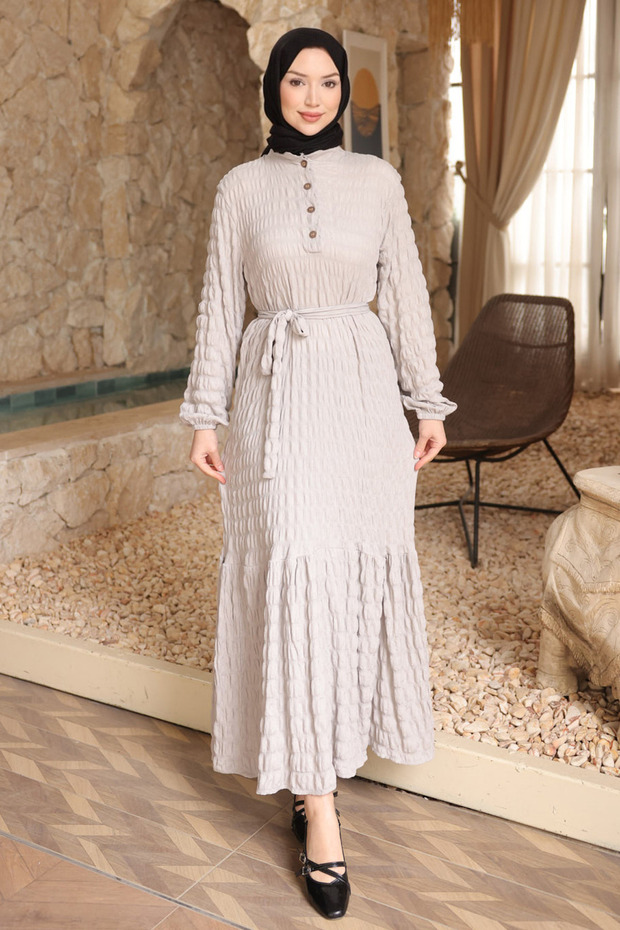 Gray Elastic Sleeves Buttoned Waist Tie-Detail Gofre Dress