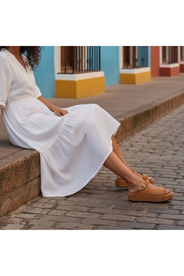 Taba Suede Genuine Leather Buckled Women's Thick Coated Soles Sandals Slipper