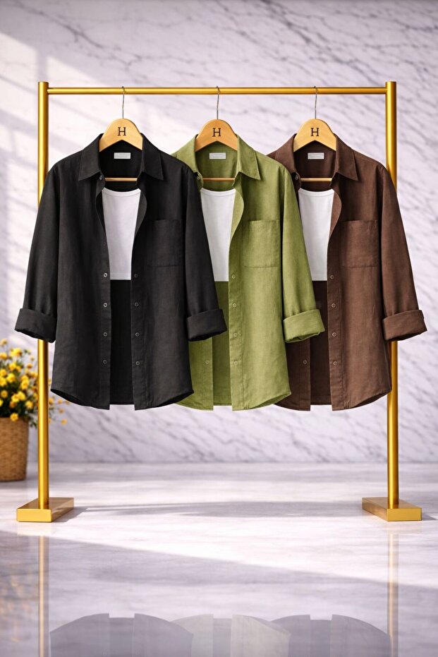 Women's 3-Pack Black Khaki Brown Cotton Pack Oversized Cotton Pack Linen Single Pocketed Casual Shirts