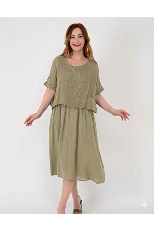 Women's Italian Khaki Plain Pattern Mesh 100% P Cotton a Lined Midi Dress
