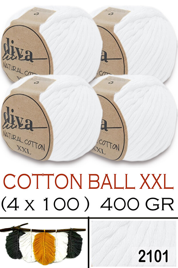 Natural Cotton XXL - 4 mm Taranabilir Macramé Thread - 2101 White (Pack of 4)