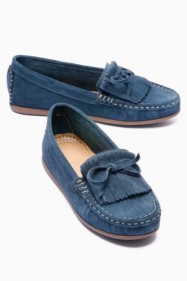 Women's Genuine Suede Ballet Flats Tassel Detailed Loafers Alora Navy Blue