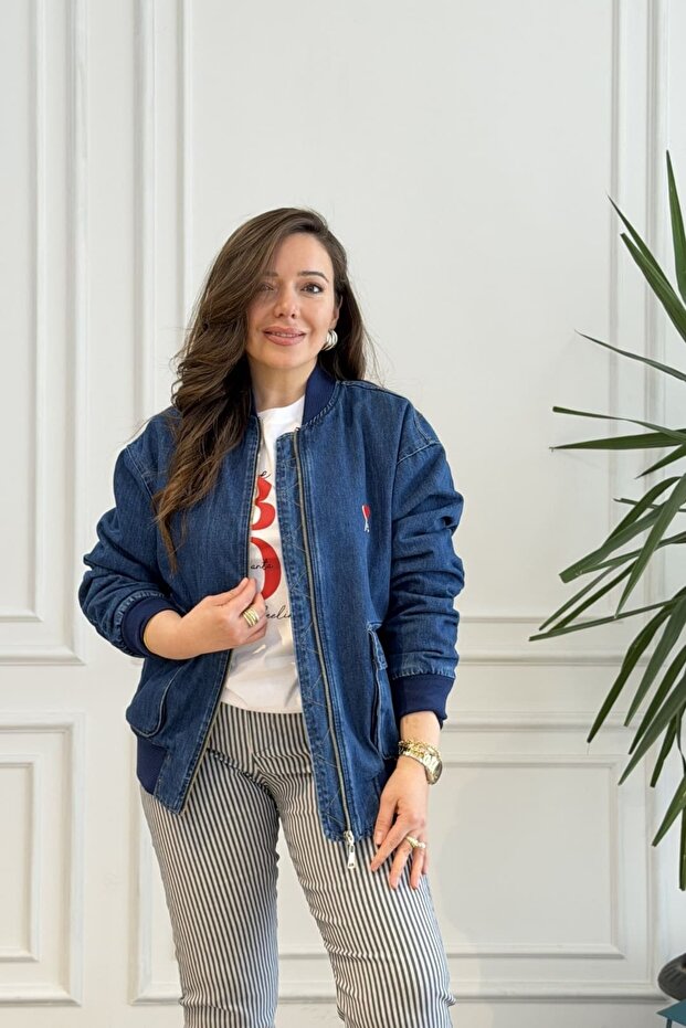 Denim Jacket with Collar and Sleeve Cuffs Velvet Detail
